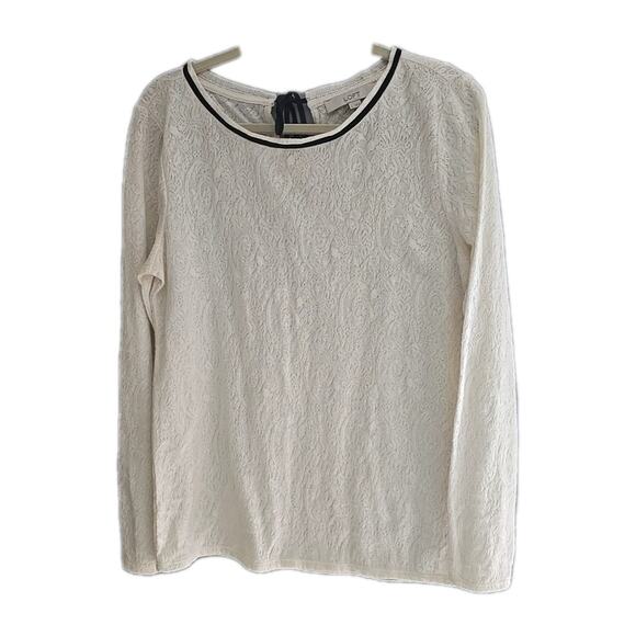 LOFT Ivory Floral Jacquard Crew Neck Tie Back Long Sleeve Top Womans Size Large - Picture 1 of 4